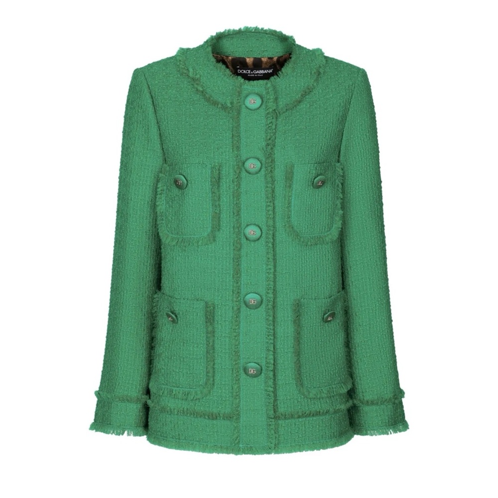 Dolce & Gabbana Raschel Single Breasted Boucle Tweed Green Jacket